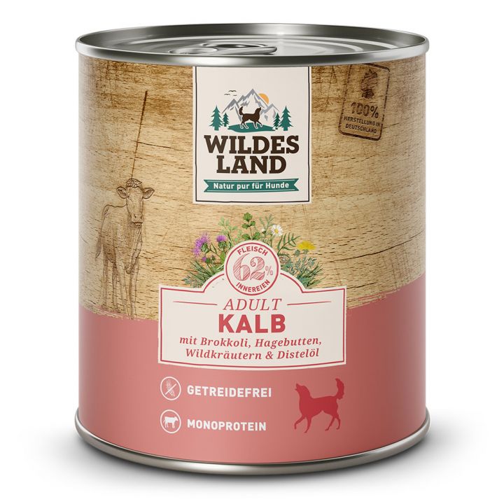 petspremium Wildes Land Kalb mit Brokkoli Hagebutte Wildkräutern und Distelöl Classic Adult Nassfutter 6 x 800 g