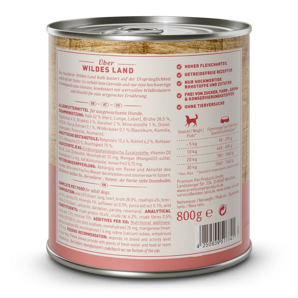 petspremium Wildes Land Kalb mit Brokkoli Hagebutte Wildkräutern und Distelöl Classic Adult Nassfutter 6 x 800 g Lagerräumung