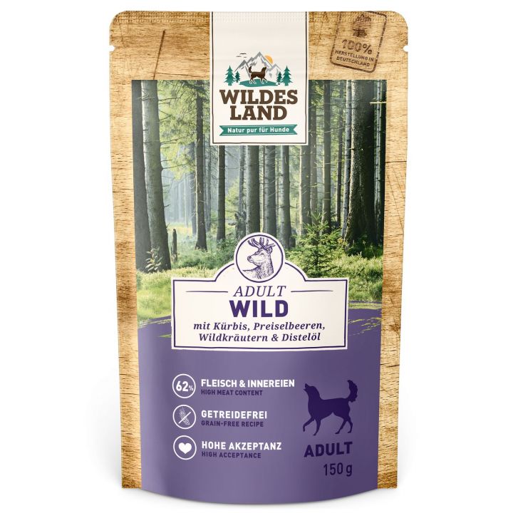 petspremium Wildes Land Wild mit Kürbis Preiselbeeren Wildkräutern und Distelöl Classic Adult Nassfutter 8 x 150 g
