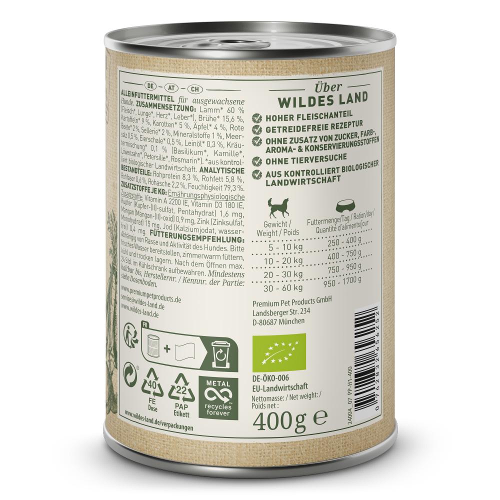 petspremium Wildes Land Lamm mit Kartoffeln Karotten Äpfeln BIO Adult Nassfutter 6 x 400 g Letzter Tag