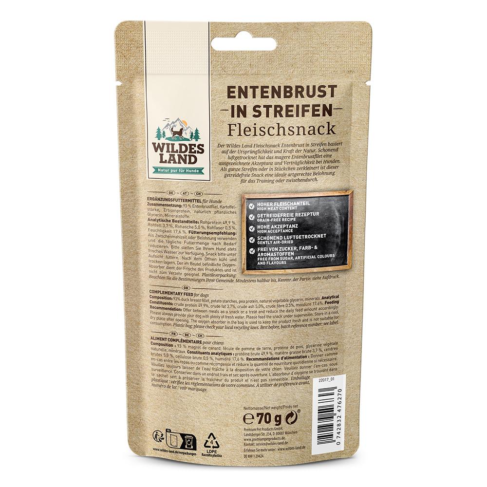 petspremium Wildes Land Entenbrust in Streifen Fleischsnacks Snack 7 x 70 g Fabrik Onlineshop
