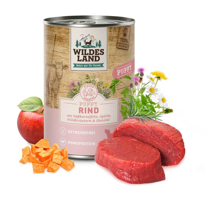 petspremium Wildes Land Rind mit Süßkartoffel Apfel und Wildkräutern Classic Puppy Nassfutter 6 x 400 g Saisonschlussverkauf