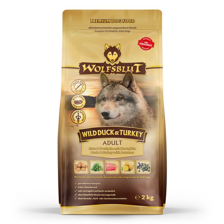 petspremium Wolfsblut Wild Duck & Turkey - Ente Truthahn und Süßkartoffel Adult Trockenfutter 2 kg