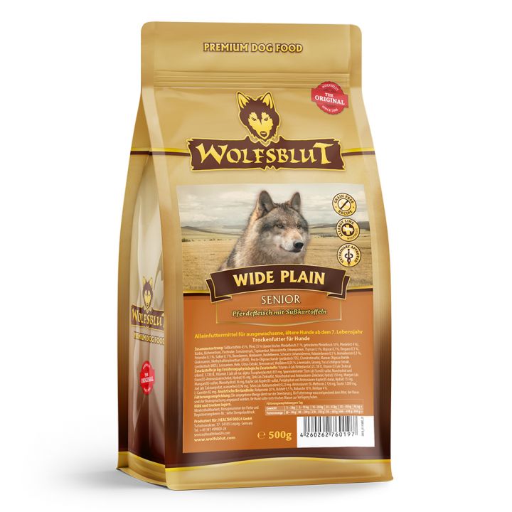 petspremium Wolfsblut Wide Plain - Pferdefleisch und Süßkartoffel Senior Trockenfutter 500 g