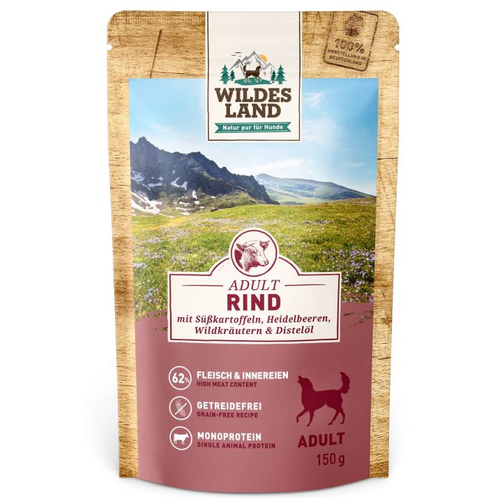 petspremium Wildes Land Rind mit Süßkartoffeln Heidelbeeren Wildkräutern und Distelöl Classic Adult Nassfutter 8 x 150 g