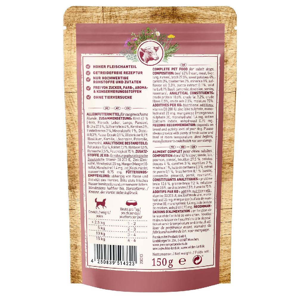 petspremium Wildes Land Rind mit Süßkartoffeln Heidelbeeren Wildkräutern und Distelöl Classic Adult Nassfutter 8 x 150 g Begrenzte Freigabe