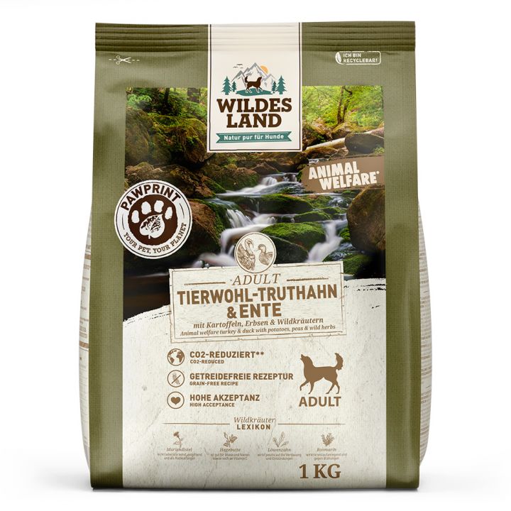 petspremium Wildes Land PAWPRINT ANIMAL-WELFARE Tierwohl-Truthahn & Ente mit Kartoffeln Erbsen & Wildkräutern Adult Trockenfutter 1 kg Fabrikladen