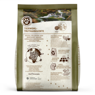 petspremium Wildes Land PAWPRINT ANIMAL-WELFARE Tierwohl-Truthahn & Ente mit Kartoffeln Erbsen & Wildkräutern Adult Trockenfutter 1 kg Fabrikladen