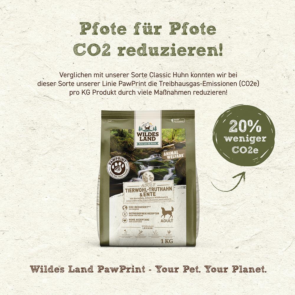 petspremium Wildes Land PAWPRINT ANIMAL-WELFARE Tierwohl-Truthahn & Ente mit Kartoffeln Erbsen & Wildkräutern Adult Trockenfutter 1 kg Fabrikladen