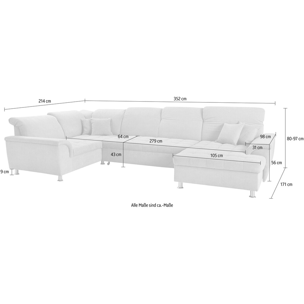 DOMO collection Wohnlandschaft »Franzi wahlweise mit Kopfteilverstellung Bettfunktion Bettkasten« im XXL-Format B/T/H: 352/214/80 cm Steppung im Sitz U-Form kaufen Rabatte dieses Monats