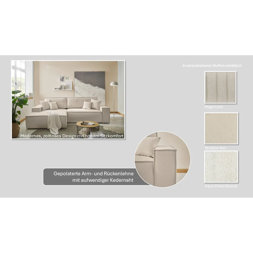 andas Ecksofa »Finnley Schlafsofa 267 cm in Bouclé u. Struktur fein L-Form « Schlaffunktion m. Bettkasten (136/210 cm) Bouclé Struktur kaufen Lagerräumung