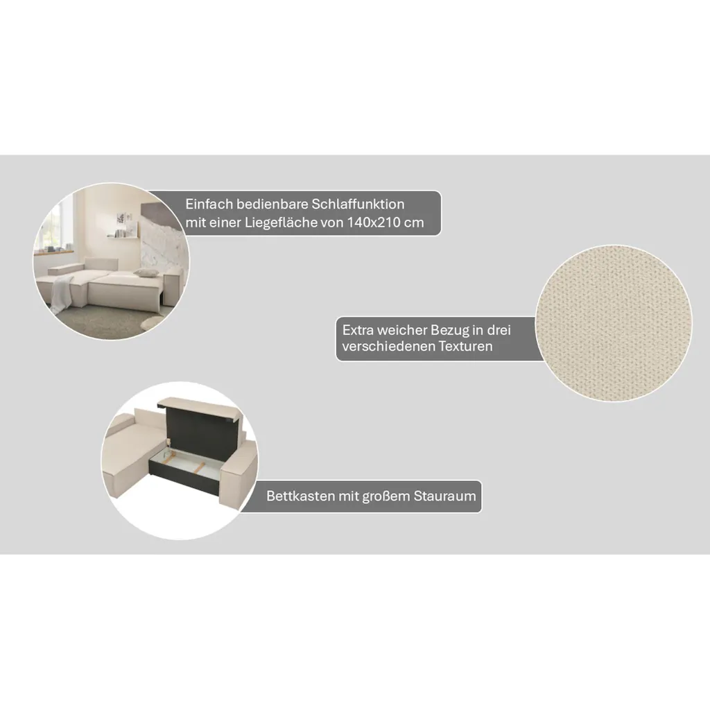 andas Ecksofa »Finnley Schlafsofa 267 cm in Bouclé u. Struktur fein L-Form « Schlaffunktion m. Bettkasten (136/210 cm) Bouclé Struktur kaufen Lagerräumung