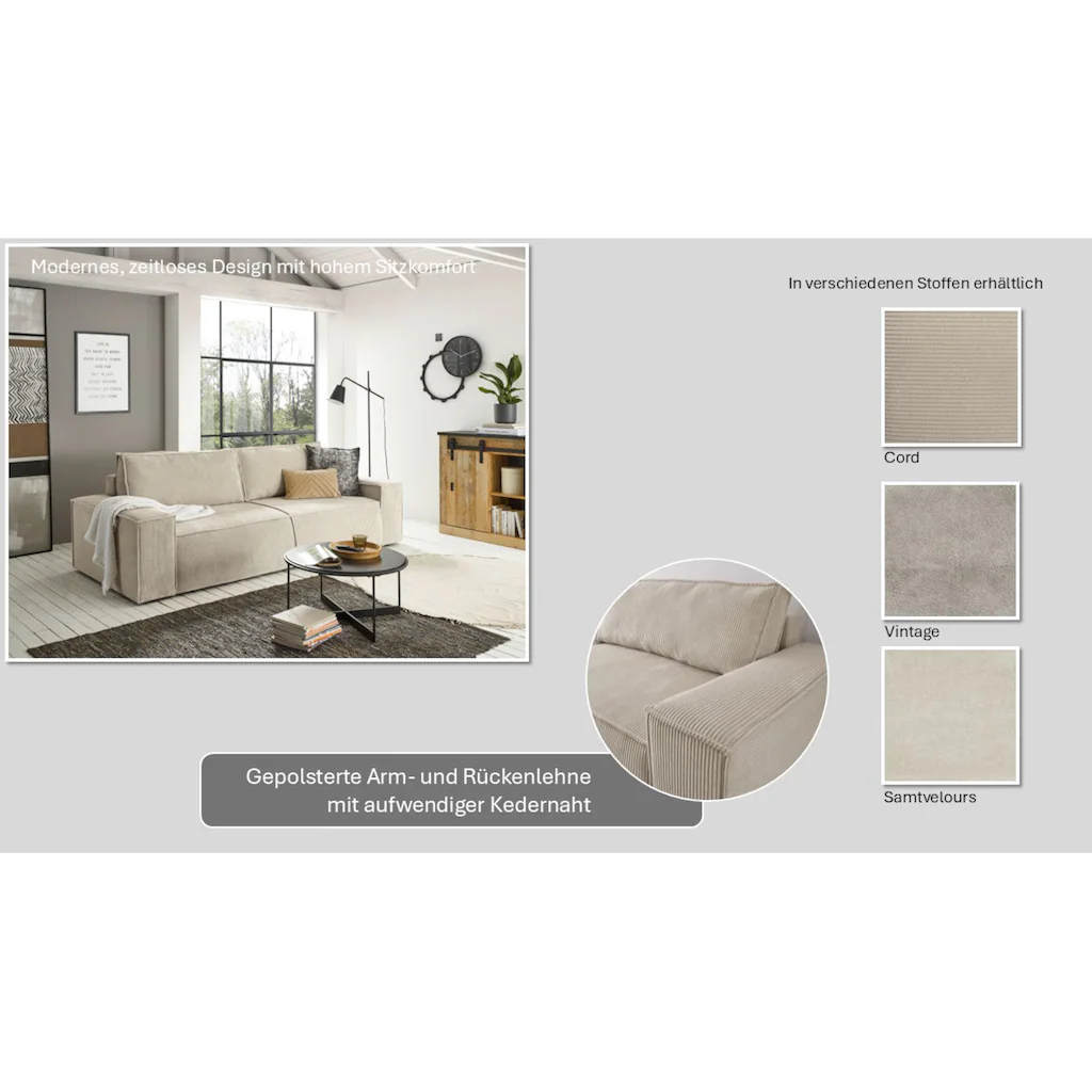 Home affaire 3-Sitzer »SHERWOOD Schlafsofa (257cm) Cord Samtvelours Vintage-Lederoptik« Schlaffunktion mit Bettkasten (ca. 136/200cm) kaufen Top Angebot