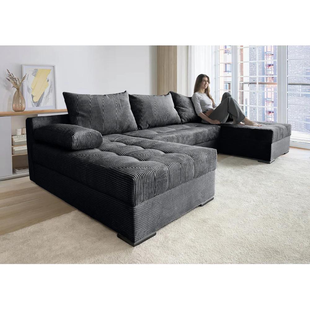 COLLECTION AB Wohnlandschaft »Josy U-Form Breite 269 cm Flachgewebe Struktur Kunstleder« (Cord-/Mix) inkl. Bettfunktion Bettkasten mit 3 gleich großen Rückenkissen