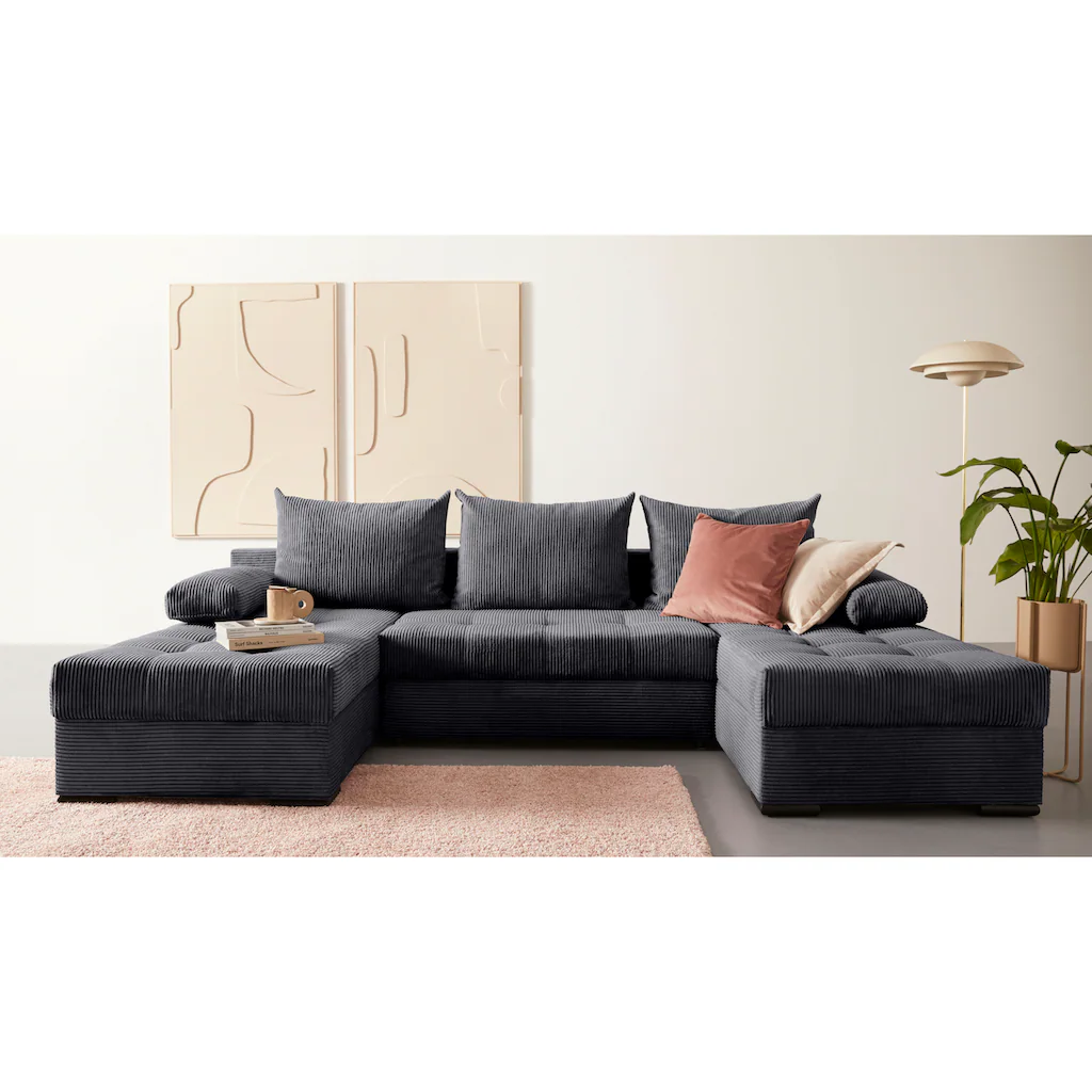 COLLECTION AB Wohnlandschaft »Josy U-Form Breite 269 cm Flachgewebe Struktur Kunstleder« (Cord-/Mix) inkl. Bettfunktion Bettkasten mit 3 gleich großen Rückenkissen Neuheiten