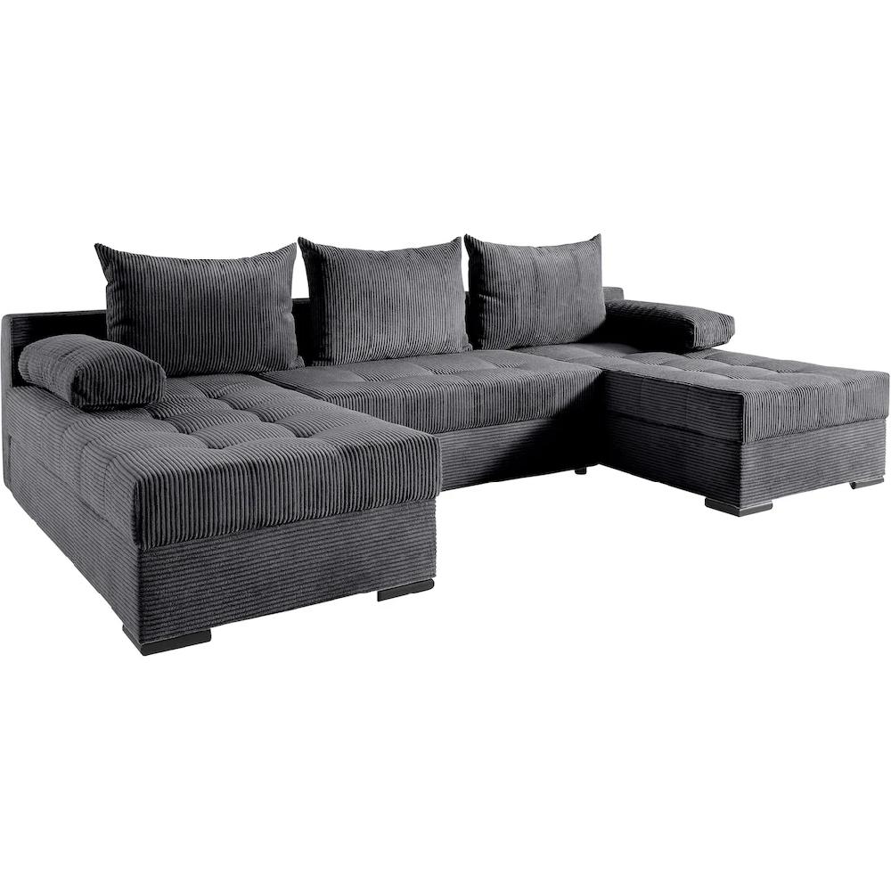 COLLECTION AB Wohnlandschaft »Josy U-Form Breite 269 cm Flachgewebe Struktur Kunstleder« (Cord-/Mix) inkl. Bettfunktion Bettkasten mit 3 gleich großen Rückenkissen Neuheiten