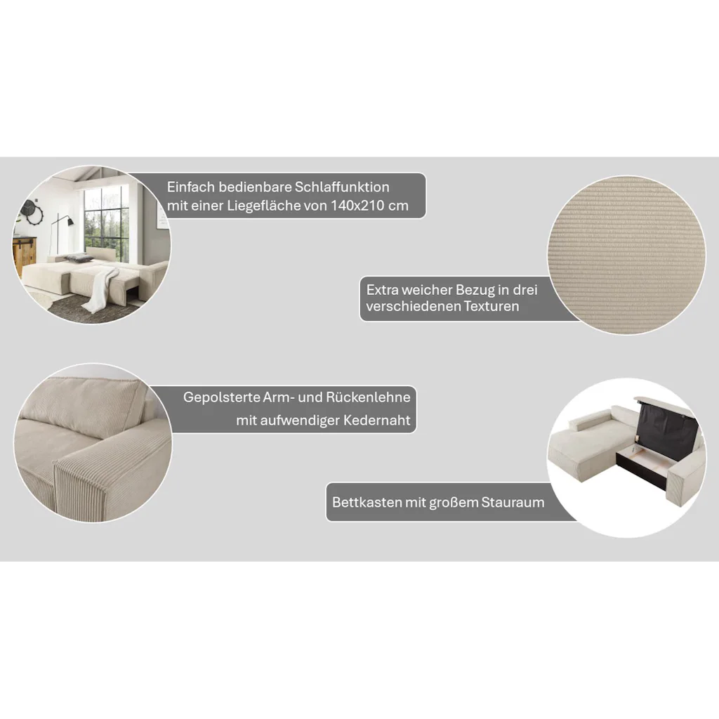 Ecksofa SHERWOOD Schlafsofa mit Bettkasten Cord-Bezug kaufen Tiefpreis