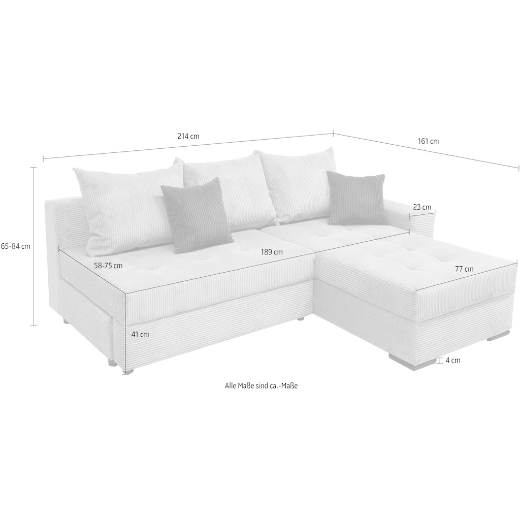 COLLECTION AB Ecksofa »Josy L-Form Breite 214 cm mit 3 großen Rückenkissen« (Cord-/Mix) mit Bettfunktion und Bettkasten Federkern kaufen Kostenlose Rückgabe