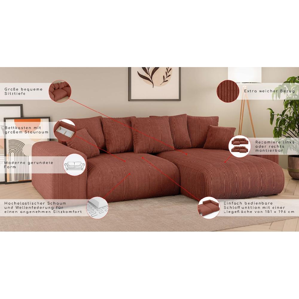 INOSIGN Ecksofa »LAKESIDE mit Bettfunktion und Bettkasten B/T/H 257/166/84 cm« L-Form Recamiere beidseitig montierbar Wellenunterfederung kaufen Nur noch ein Tag übrig