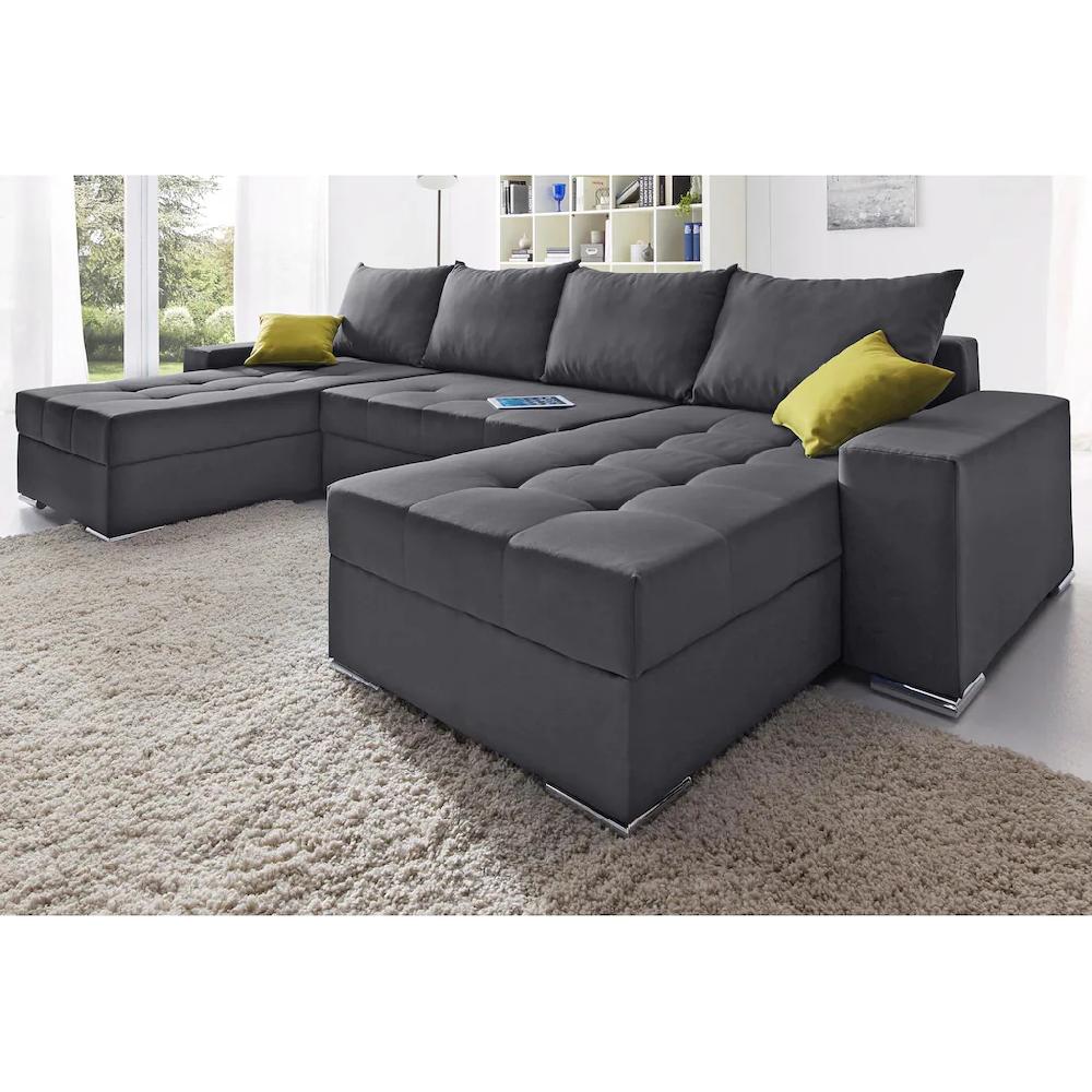 COLLECTION AB Wohnlandschaft »XL-Josy U-Form Breite 313 cm Flachgewebe Struktur Kunstleder« inkl. Bettfunktion Bettkasten mit 4 gleich großen Rückenkissen kaufen