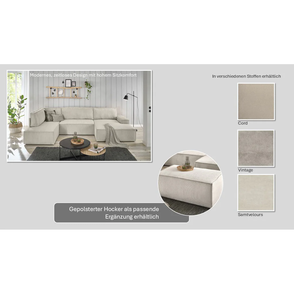 Home affaire Wohnlandschaft »SHERWOOD XXL 329 cm U-Form Schlafsofa « Schlaffunktion m. Bettkasten (194x139 cm) Cord Vintage Samtvelours kaufen zollfrei
