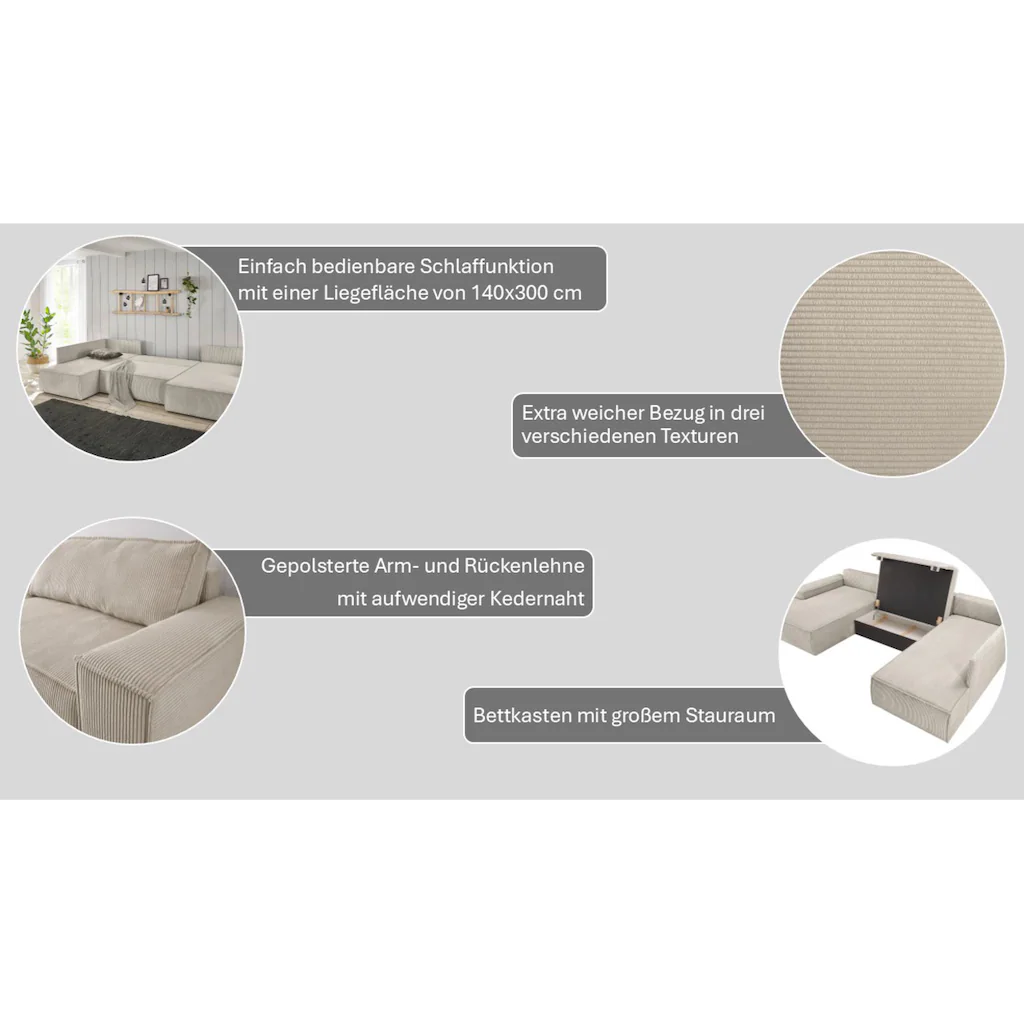 Home affaire Wohnlandschaft »SHERWOOD XXL 329 cm U-Form Schlafsofa « Schlaffunktion m. Bettkasten (194x139 cm) Cord Vintage Samtvelours kaufen zollfrei
