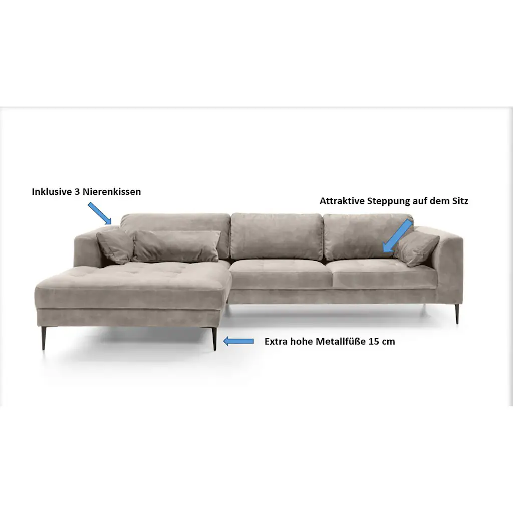TRENDMANUFAKTUR Ecksofa »Luzi wahlweise mit Schlaffunktion und Bettkasten bestellbar L-Form« Designsofa mit tollem Sitzkomfort Metallfüße schwarz Breite 280 cm kaufen Online