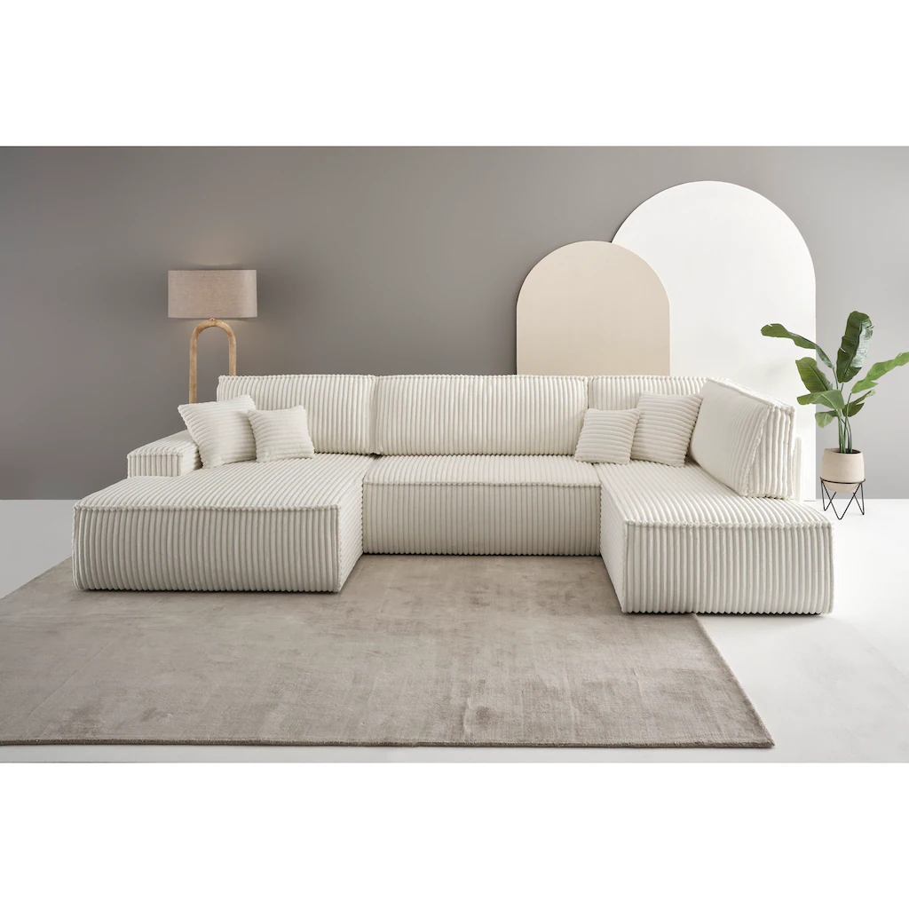 andas Wohnlandschaft »FINNLEY U-Form XXL 329 cm Schlafsofa Schlaffunktion m. Bettkasten« (194/139 cm) Bouclé Struktur und Cord kaufen