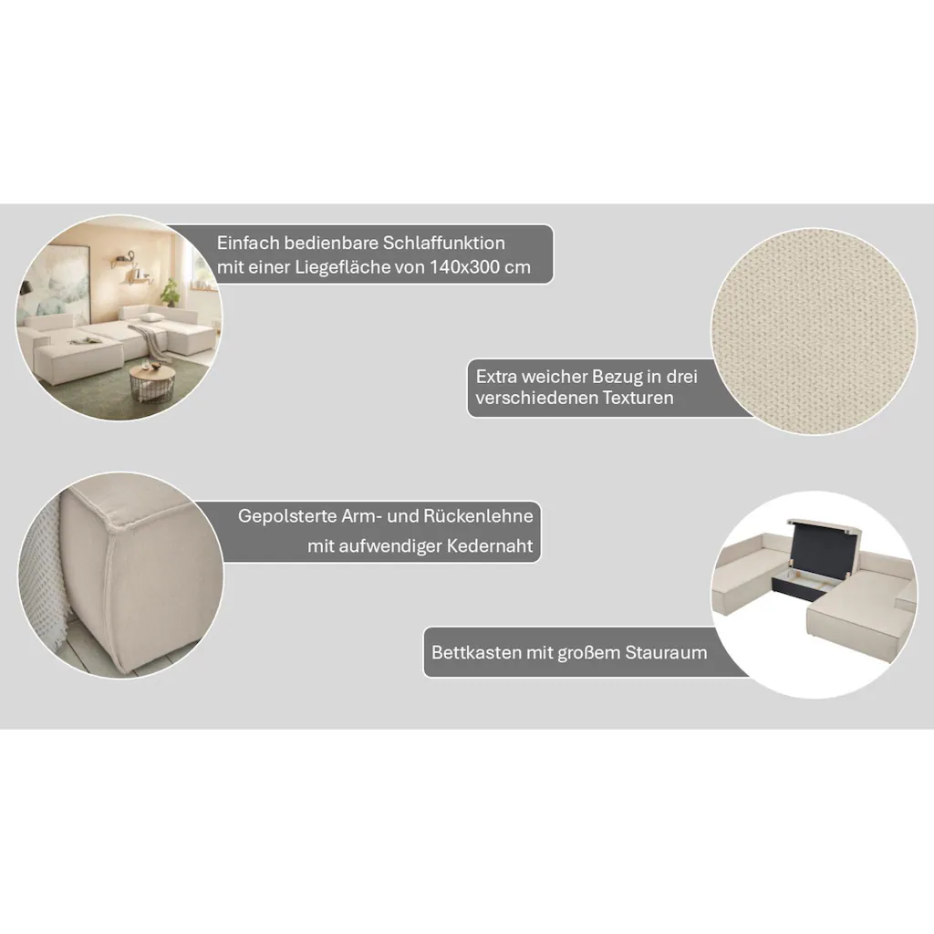 andas Wohnlandschaft »FINNLEY U-Form XXL 329 cm Schlafsofa Schlaffunktion m. Bettkasten« (194/139 cm) Bouclé Struktur und Cord kaufen Neueste Mode