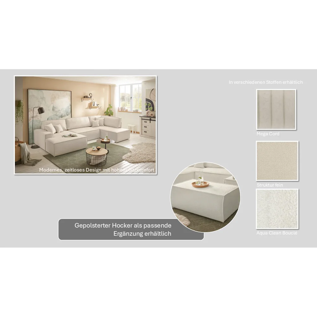 andas Wohnlandschaft »FINNLEY U-Form XXL 329 cm Schlafsofa Schlaffunktion m. Bettkasten« (194/139 cm) Bouclé Struktur und Cord kaufen Neueste Mode