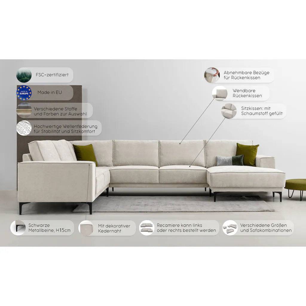 Places of Style Wohnlandschaft »Oland« U-Form im zeitlosem Design und hochwertiger Verabeitung kaufen Kostenlose Rückgabe