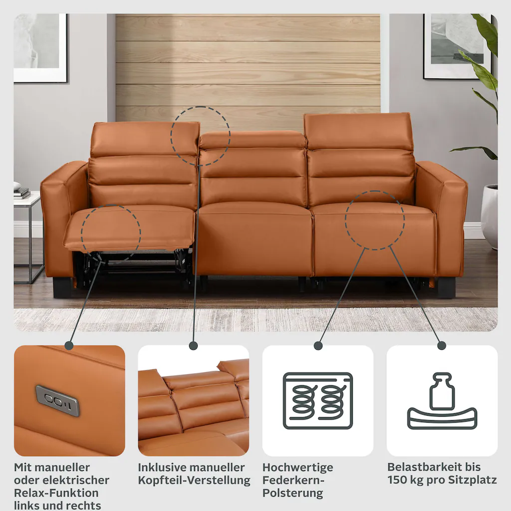 Places of Style 3-Sitzer »Carpari 224cm manuelle od. elektrische Relaxfunktion in 2 Sitzen« mit USB Kopfteilverstellung Echtleder Kunstleder Webstoff kaufen Letzte 3 Tage