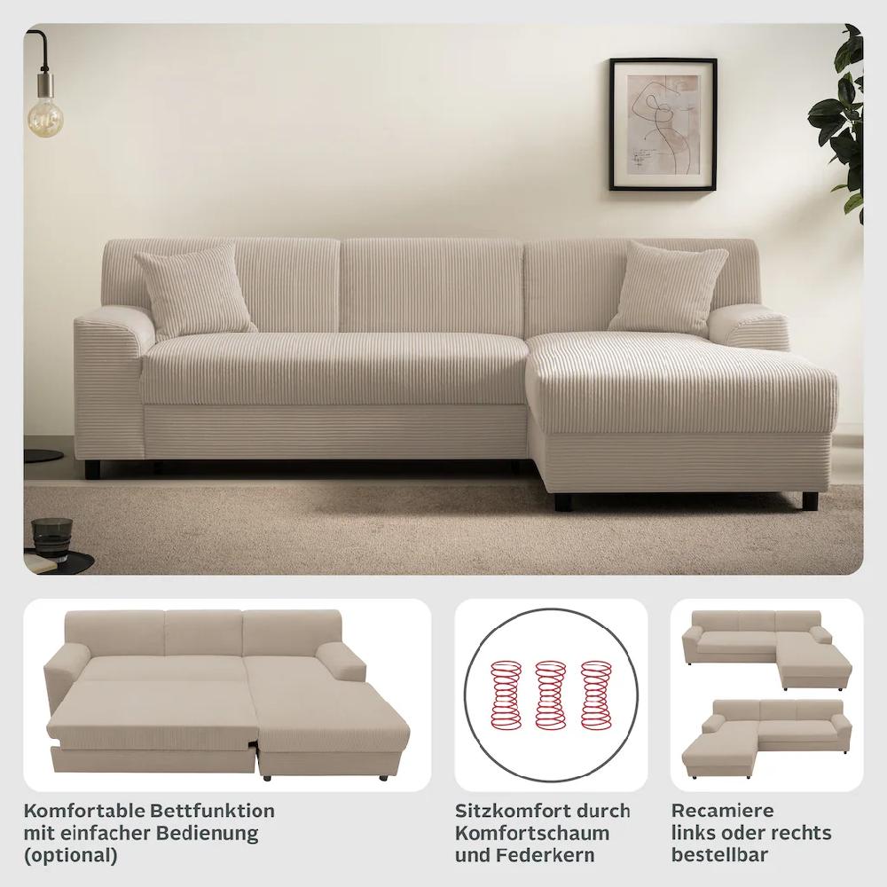 INOSIGN Ecksofa »Turah 2 L-Form auch in Cord Federkern B/T/H: 241/146/79 cm« incl. Zierkissen wahlweise mit Bettfunktion kaufen Nur noch ein Tag übrig