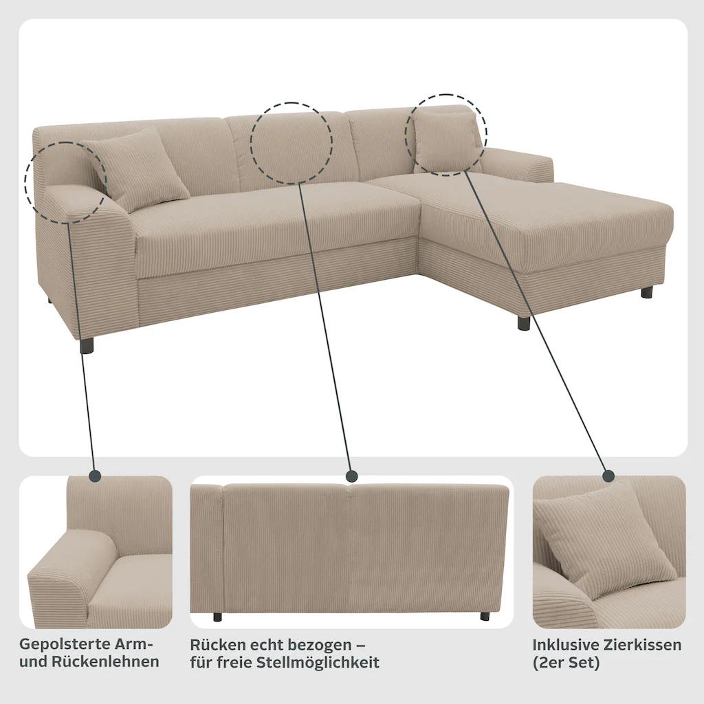 INOSIGN Ecksofa »Turah 2 L-Form auch in Cord Federkern B/T/H: 241/146/79 cm« incl. Zierkissen wahlweise mit Bettfunktion kaufen Nur noch ein Tag übrig