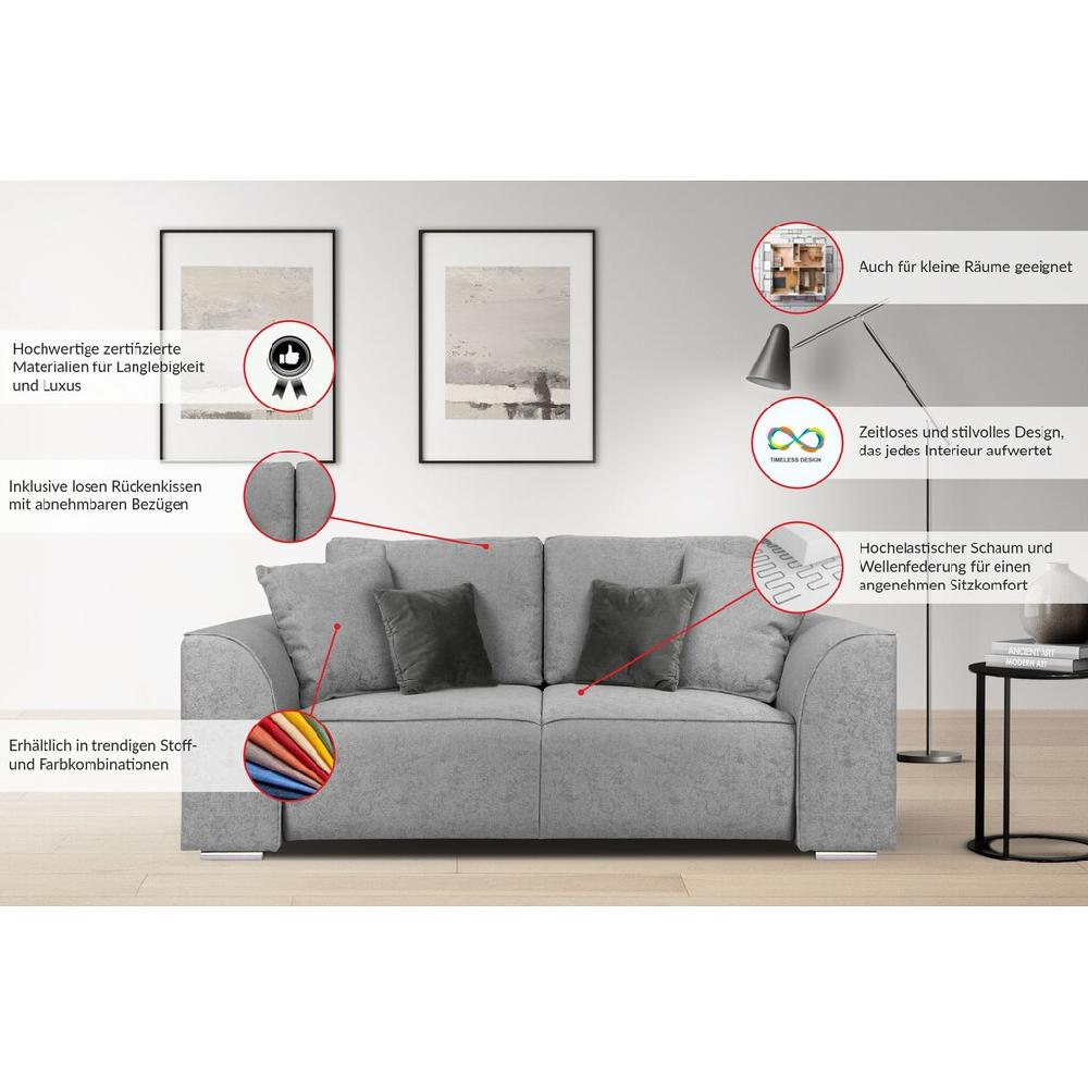 INOSIGN 2-Sitzer »BEATRICE erhältlich in trendigen Stoffoptionen B/T/H: 143/73/92 cm« In hochwertiger Verarbeitung incl. 2 großen Zierkissen in Korpusfarbe Osterangebot
