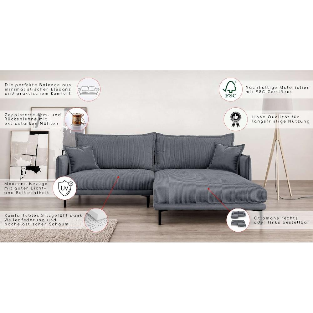 INOSIGN Ecksofa »ALEXANDRIA mit Recamiere rechts oder links bestellbar moderne Bezüge« L-Form mit Wellenunterfederung Maße: B/H/T 246/86/190 cm Kostenloser Versand international