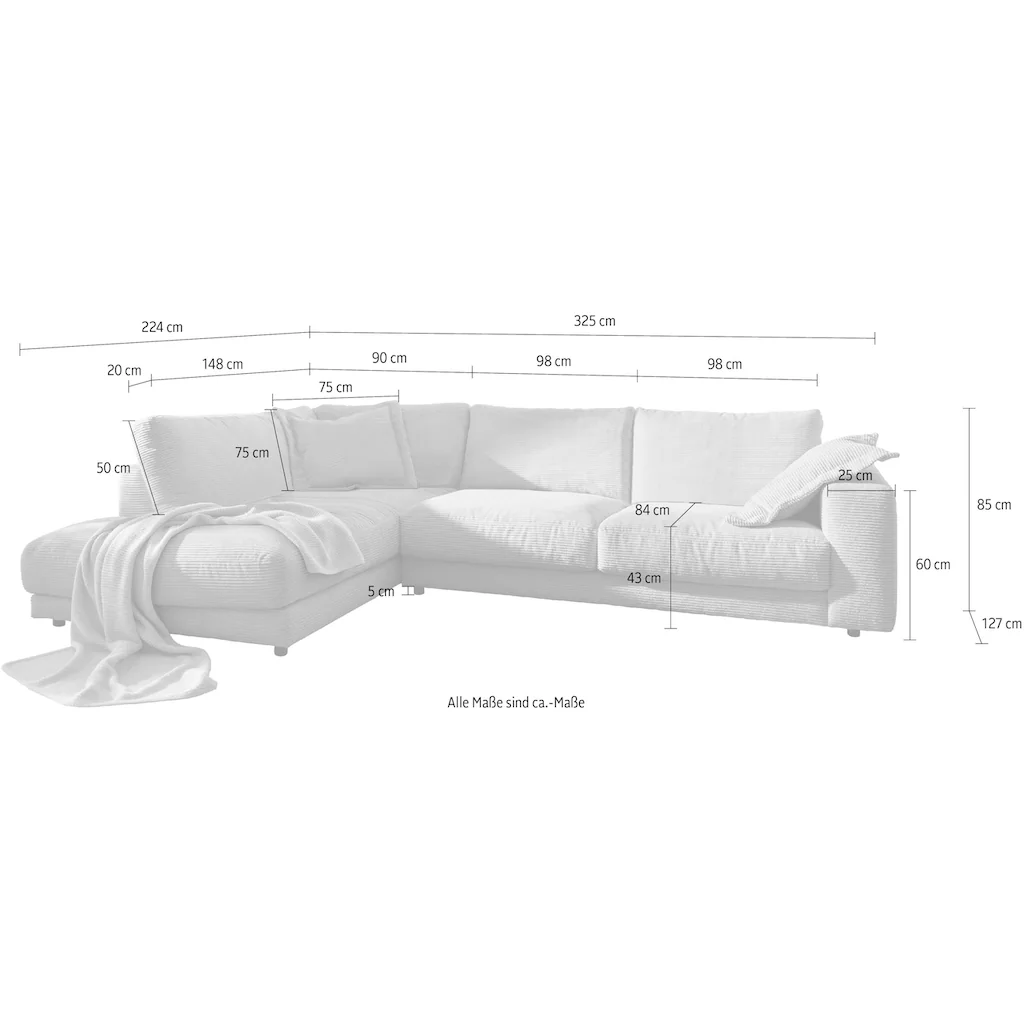 Places of Style Ecksofa »Enisa XXL B/T/H: 325/224/85 cm L-Form« Kuschelig gemütlich in 5 Farben Bezug in Cord mit 2 Zierkissen kaufen Top Angebot