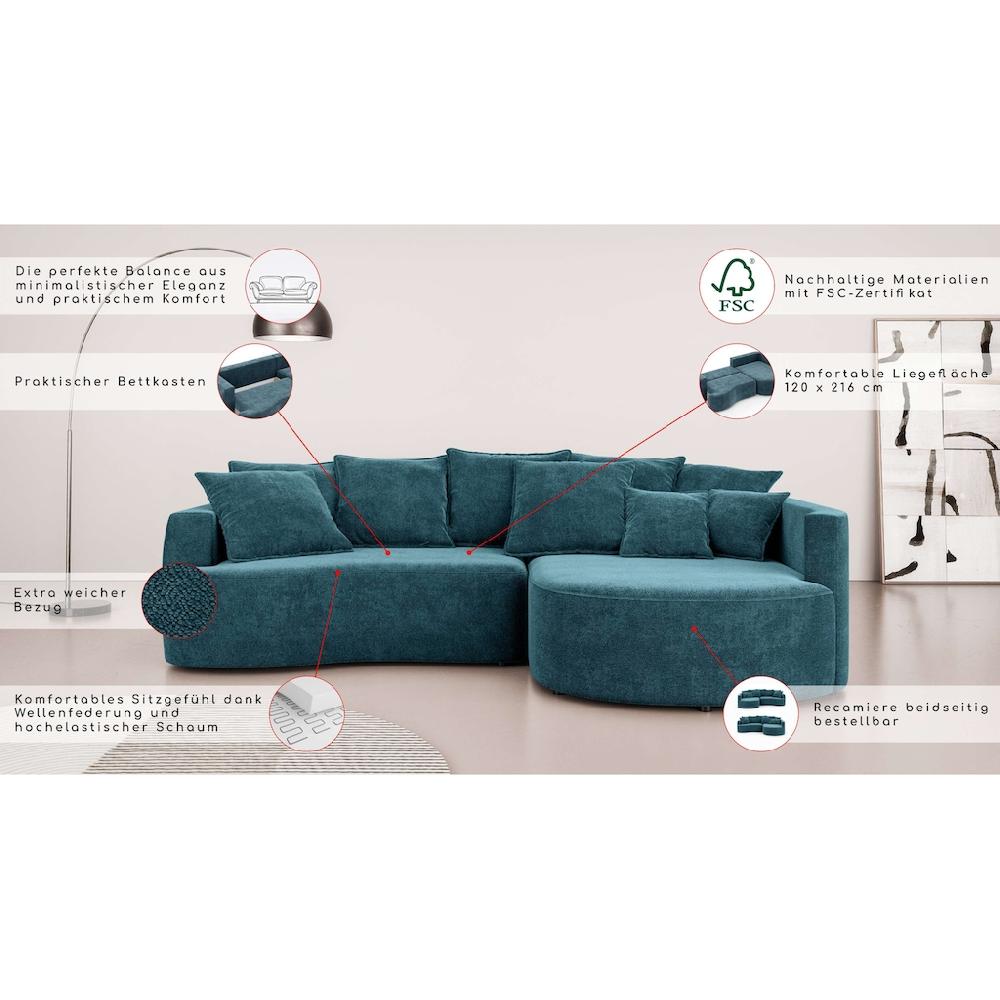 INOSIGN Ecksofa »Kahekili Schlafsofa mit Bettkasten Maße B/T/H: 255/181/90/ cm« L-Form mit Wellenunterfederung 7 Rückenkissen und 2 Zierkissen VIP-Rabatte
