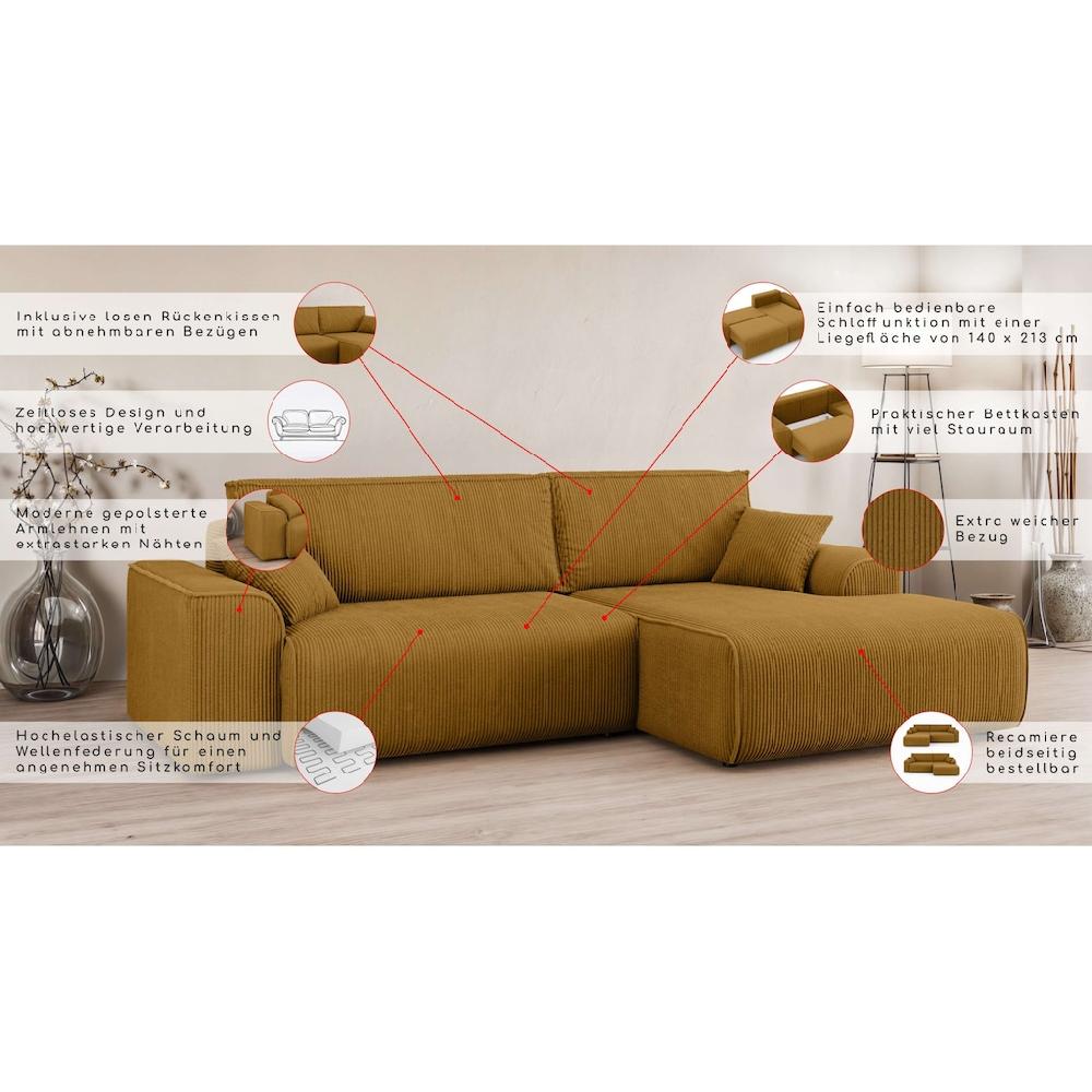 Home affaire Ecksofa »Santenay mit Bettfunktion und Bettkasten Maße: B/T/H 266/164/90 cm« L-Form mit Wellenfederung Schlaffläche: 140x213 cm auch in Cord kaufen Begrenzt auf 3 Tage
