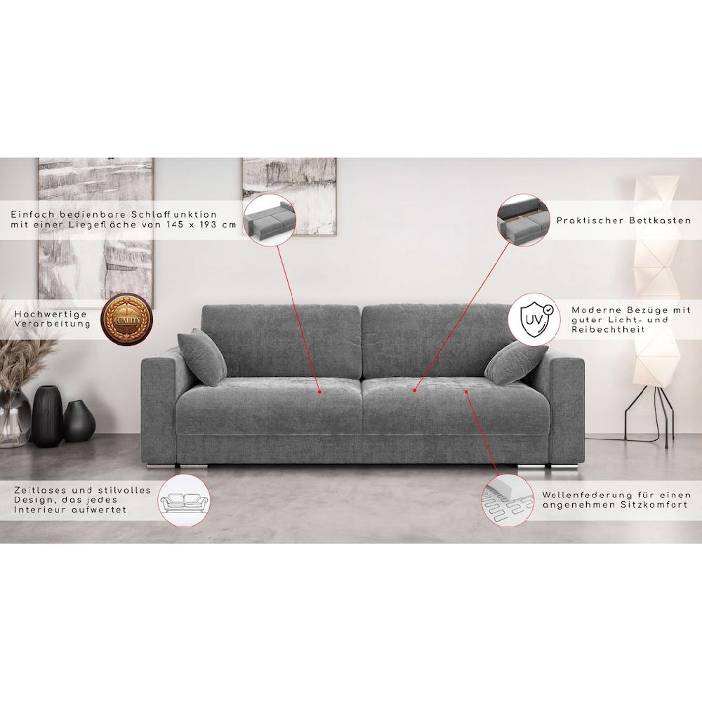 INOSIGN 3-Sitzer »Stevinson Schlafsofa mit Bettkasten Maße B/H/T: 229/87/97 cm« mit Wellenunterfederung 2 Rückenkissen und 2 Zierkissen Tiefpreis