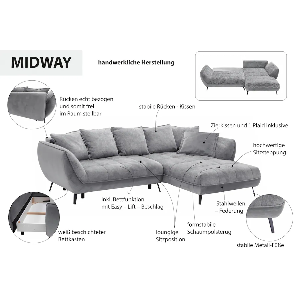 exxpo - sofa fashion Ecksofa »Midway mit einfacher Easy-Lift-Bettfunktion bequem und modern« inkl. Bettfunktion und praktischem Bettkasten L-Form kaufen Verkauf