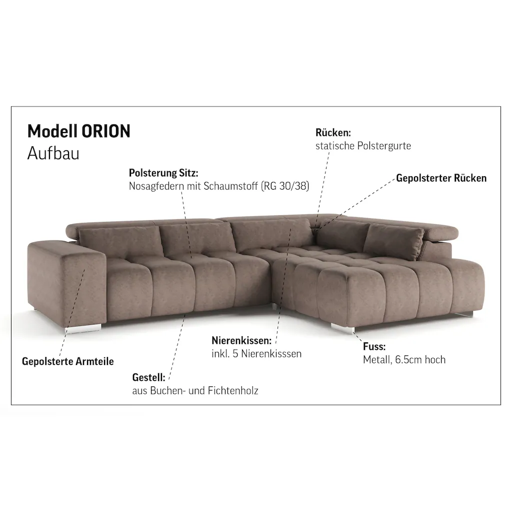 COTTA Ecksofa »Orion L-Form« mit Ottomane inklusive verstellbarer Kopfstützen und 5 Nierenkissen kaufen Kostenloser Versand international