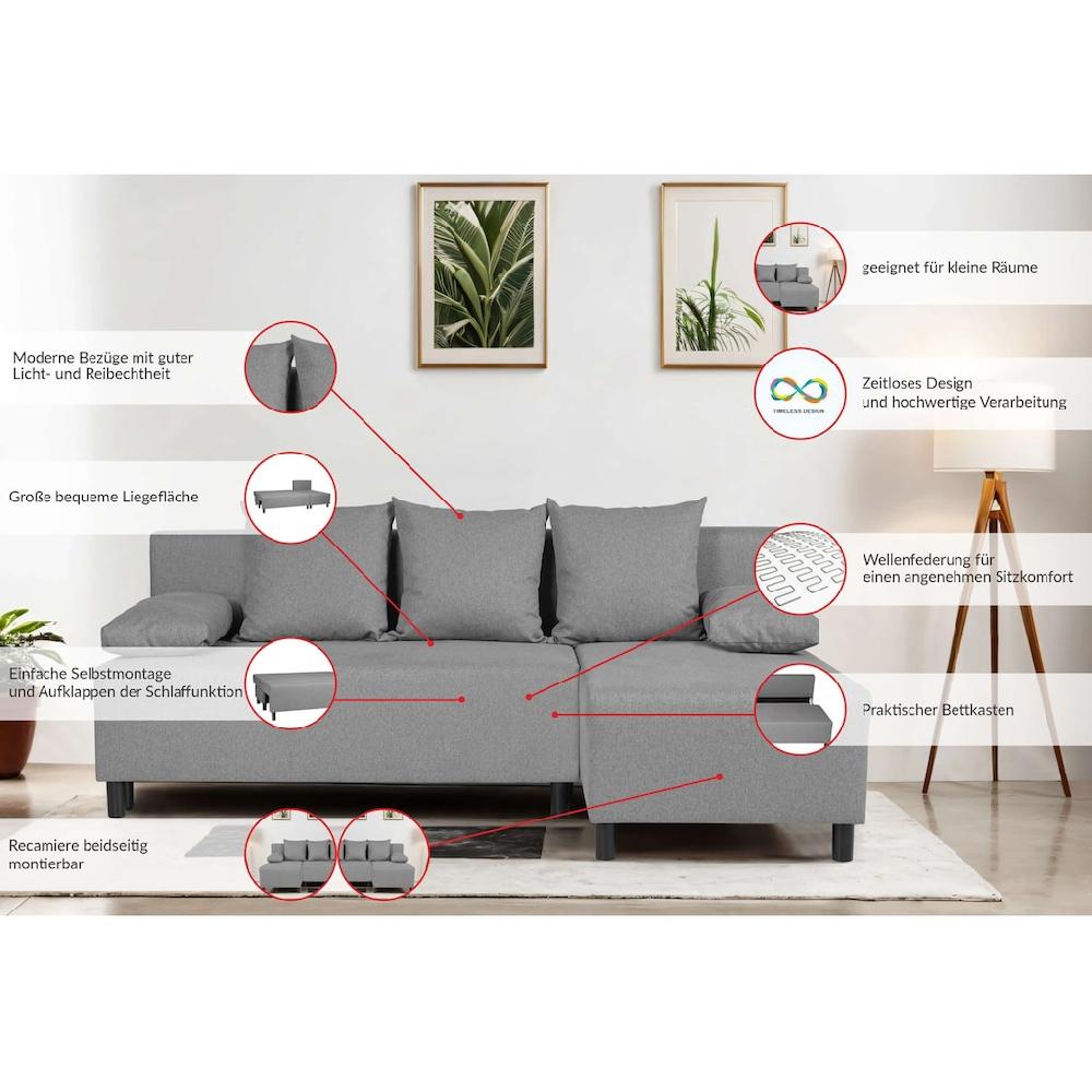 INOSIGN Ecksofa »IWALANI Schlafsofa mit Bettkasten Recamiere beidseitig montierbar« L-Form B/T/H 199/135/83 cm Struktur weich & Velvet VIP-Rabatte