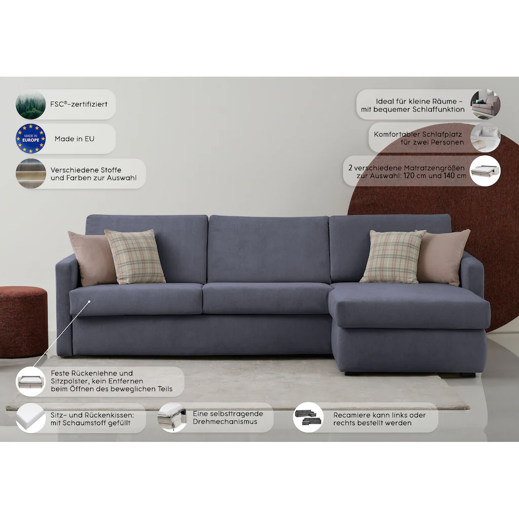 Places of Style Schlafsofa »GOLDPOINT Ecksofa 264 cm Liegefläche (140/200cm) L-Form « Bettfunktion Bonell-Federkernmatratze und Dauerschläfer-Funktion kaufen Online Shopping