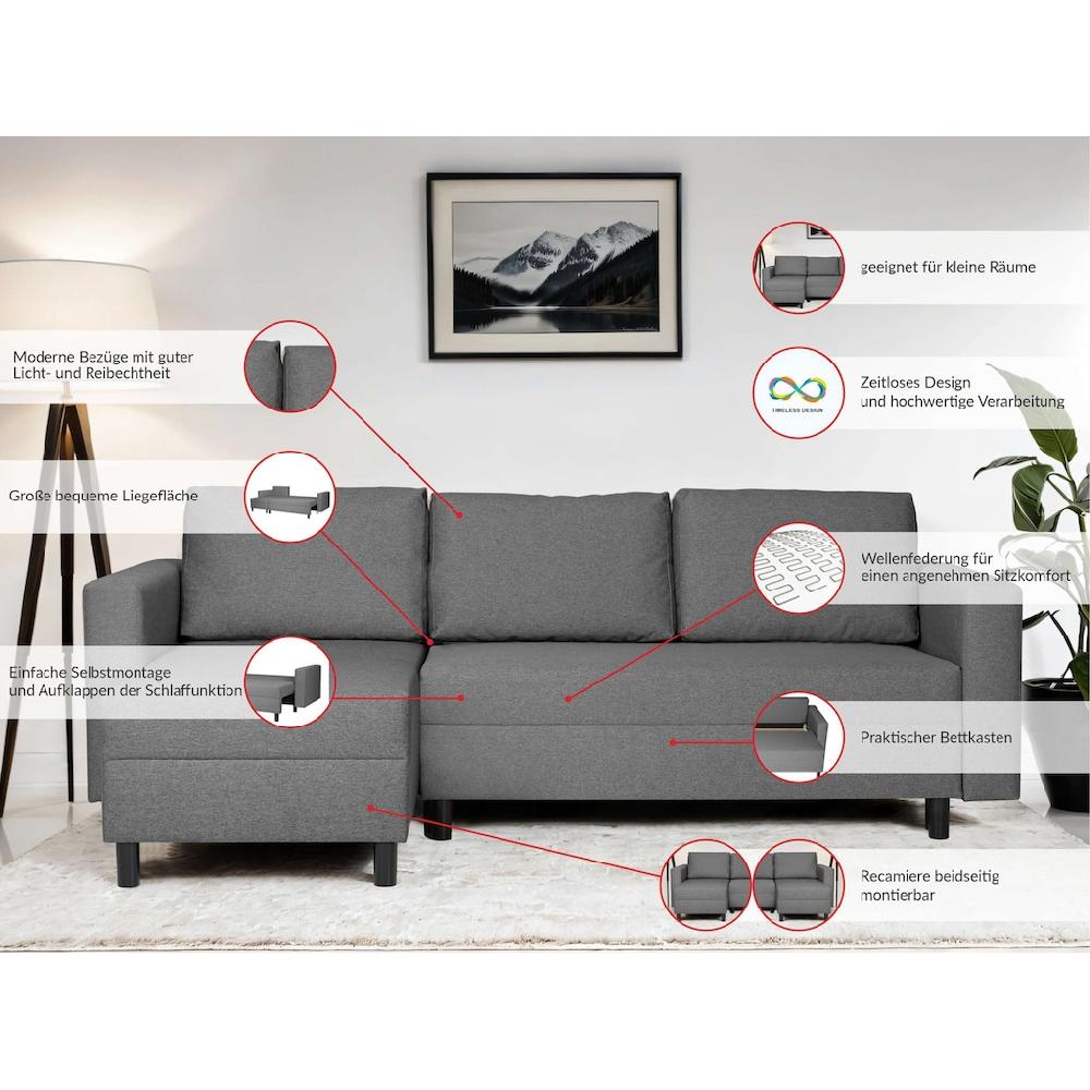 INOSIGN Ecksofa »GLENOE Schlafsofa mit Bettkasten Recamiere beidseitig montierbar« L-Form Maße B/T/H: 230/135/84 5 cm Velvet & Struktur weich Blitzangebot