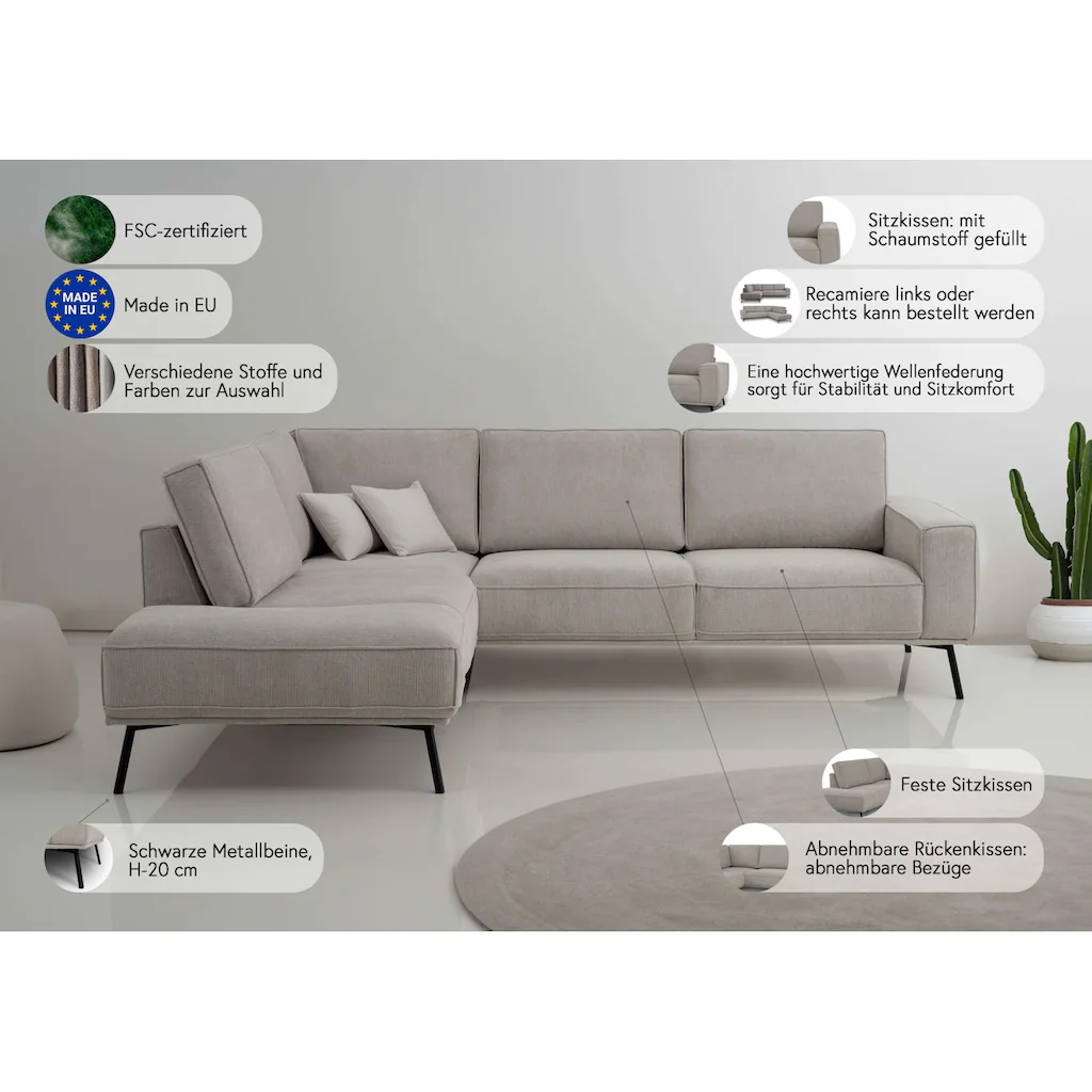 andas Ecksofa »Vosby« Breite 260 cm Chenille mit dekorativer Kedernaht kaufen Räumungsverkauf
