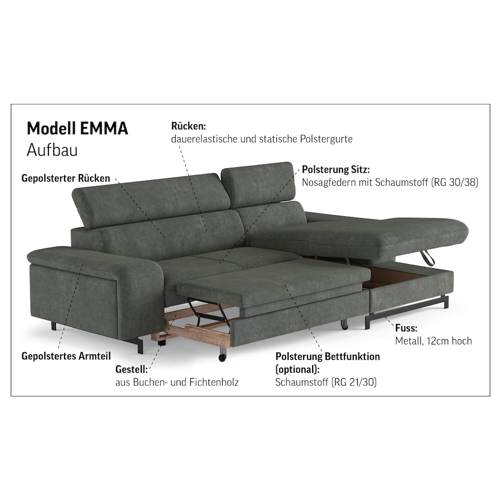 COTTA Ecksofa »Emma L-Form« Verstellbare Kopfstützen optional mit Schlaffunktion und Bettkasten Kauf eins, bekomm eins gratis